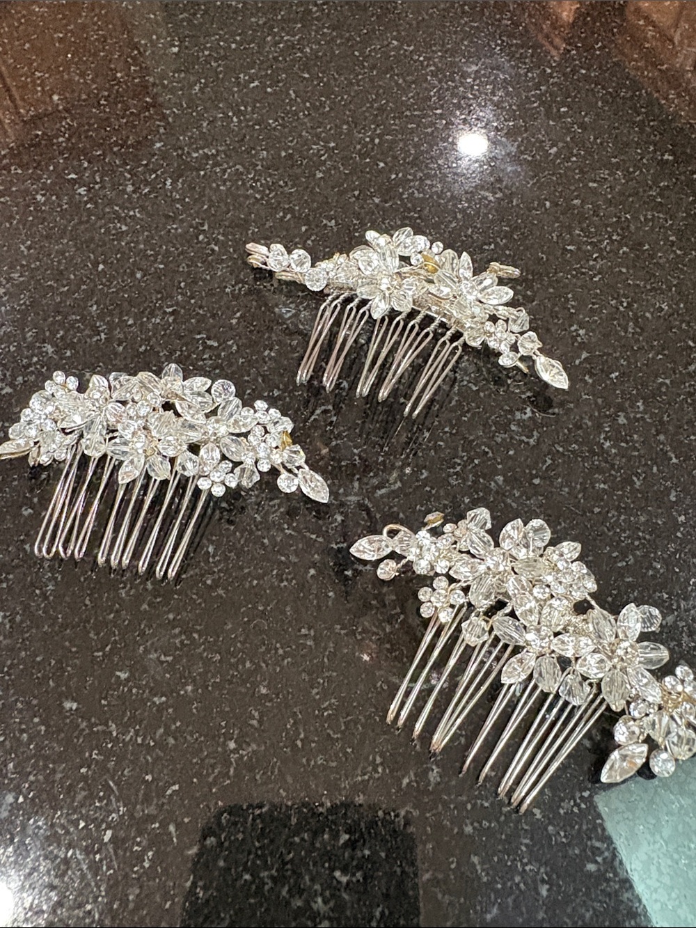 Crystal Floral bridal Hair Comb Set of 3 - Silver Tone clear crystals